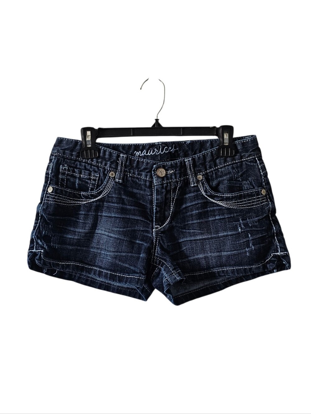 Maurices Vintage Y2K Jean Shorts 5/6 Dark Wash Low Rise Thick Stitch Whiskered